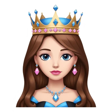 Queen, brown long hair, big crown with pink diamonds, black dress with blue diamonds sticker