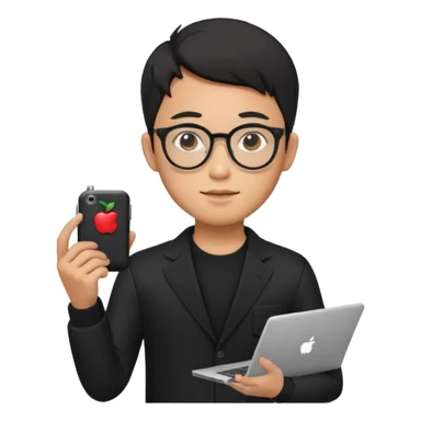 a asia man guy his 20s wearing an apple notebook, wearing bodyguard radio operator, round glasses, blAck clothes sticker