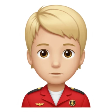 SARI SAÇLI SAÇININ YARISI SOLA DOĞRU DİĞERİNİN SAĞ TARAFTA AMA DÜZ DURAN KAHVERENGİ GÖZLÜ UZUN KİRPİKLİ BUĞDAY RENKLİ KIRMIZI ÜNİFORMALI BİR ERKEK ÇOCUK sticker