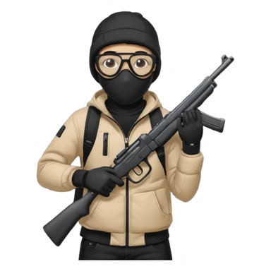 YN wearing a ski mask, holding a gun, all black fit, black jeans, Sprayground bookbag, confident stance with glasses sticker