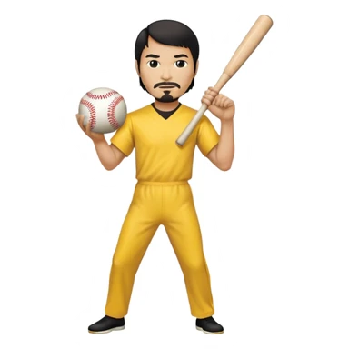Steve Jobs wearing Bruce Lee's yellow jumpsuit, holding a baseball bat and ball sticker