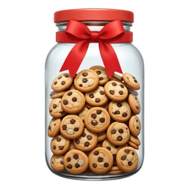 A chewy chocolate chip cozy cookie in an organized jar, saying "Cookie Jar" with some small illustrations on the jar to indicate there are cookies stored inside, a big red ribbon on the lid sticker