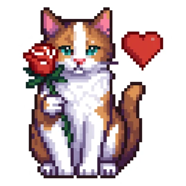 Add a heart to the tricolor cat holding a rose, keep the background transparent, pixel art style. sticker