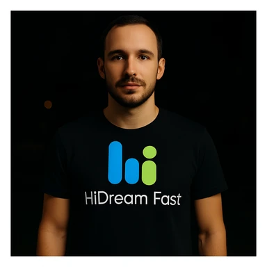 man wearing tshirt with this logo, dark night background with dim , add fast below logo, make man fit into image, add fast insead pf the dev keep rest same sticker