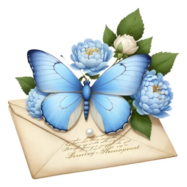 A delicate still life of a pale blue butterfly resting on an aged love letter, sealed with golden wax, accompanied by a bouquet of white peonies and soft blue hydrangeas, with pearl beads scattered nearby.
 sticker