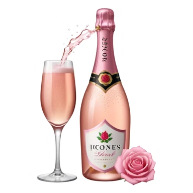 bottle of sparkling rose champagne tilted up and to the right, with a rose logo sticker