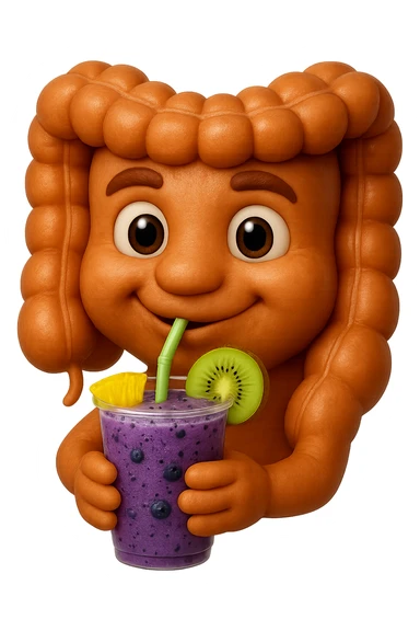 EMOJI STILE IPHONE DI un intestino umano anatomico che beve un frullato di mirtilli, ananas, kiwi, fagli anche la parte bianca degli occhi, non solo le pupille, REALISTICo 4K sticker