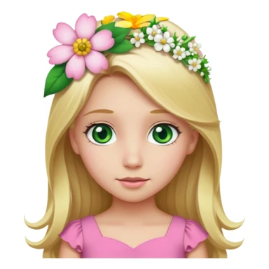 Girl profile picture with long blonde hair and green eyes and a flower in her hair. and a pink outfit sticker