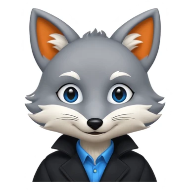 Grey anthropomorphic furry fox with a black coat, blue eyes, and a small fringe of black hair, smiling sticker