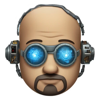 Bearded Fat bald cyborg head with brown skin, blue steampunk goggles and circuits sticker