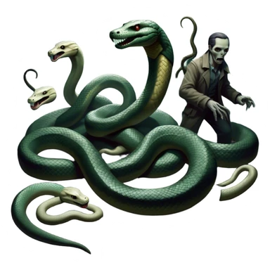 Thriller Movie Icon: A dramatic, close-up collage with sinister villains, a slithering anaconda, and zombie figures emerging from the shadows. Dark and moody atmosphere with eerie lighting, tension-filled elements. Transparent background. sticker