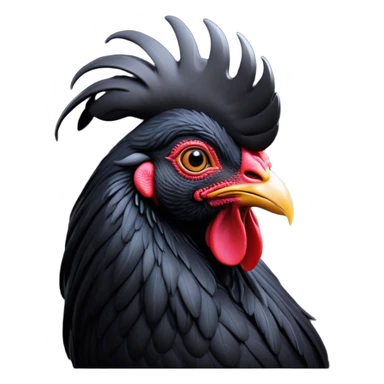 Cinematic Noble Black Rooster Portrait Emoji, Poised and regal, with a robust, commanding build and a sleek, well-groomed pure black plumage, deep-set soulful piercing eyes, Simplified yet sharp and sophisticated features, highly detailed, glowing with a soft, dignified glow, high shine, intelligent and proud, stylized with an air of mysterious majesty, focused and attentive, soft glowing outline, capturing the essence of a watchful and confident leader, so majestic it feels as though it could crow out of the screen with effortless authority! sticker