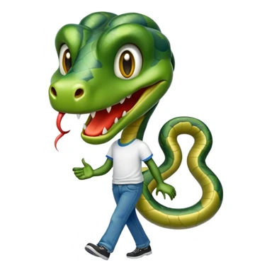 friendly anthropomorphised snake in jeans and a t-shirt, walking with a smile sticker