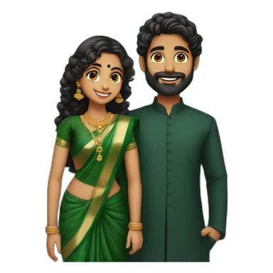 south indian girl with curly hair wearing dark green saree marrying south indian guy with straight hair and beard wearing dhoti sticker