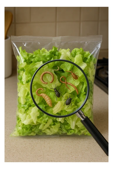 Insalata in busta ricca di pa transparent plastic bag of pre-washed salad sits on a kitchen counter. Through the bag, small, detailed images of various parasites (such as worms, larvae, or microscopic bugs) are visible among the lettuce leaves. A magnifying glass hovers over the bag, enlarging the parasites for emphasis. The mood is cautionary and educational.arassiti sticker