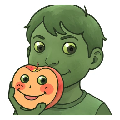 Pale boy holding a juicy peach sticker