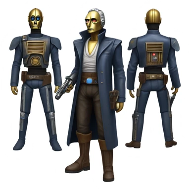 bounty hunter tarnished undercover tough well-equipped Jedi  life-sized darkblue-pearl C3po leather vest clothing pants and vest old west duster coat holding light saber sheriff holstered gun sticker