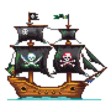 A pirate ship with black sails and flag sticker