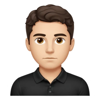 He’s a man with light to medium skin, a defined oval face, full brows, deep-set eyes, and wavy short dark brown tall hair styled with height, sides are trimmed. muscular. expression calm and focused relaxed black polo shirt. polished, articulate, and coach vibe. tall hair.  sticker