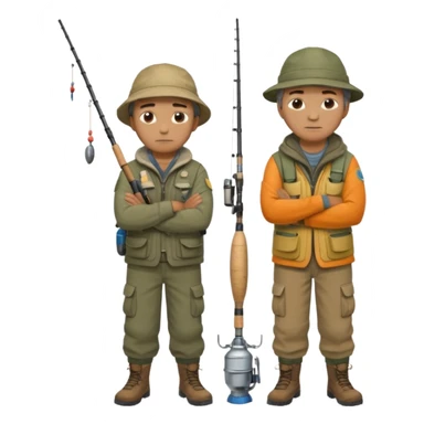 Father and son in fishing gear, arms crossed because they are cold full body sticker