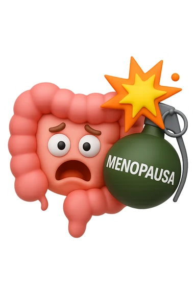 EMOJI STILE IPHONE 3D DI INTESTINO 3D CON ESPRESSIONE SPAVENTATA IN VOLTO MENTRE ACCANTO A LUI SCOPPIA UNA GRANATA 3D CON LA SCRITTA "MENOPAUSA" SOPRA, FAGLI ANCHE LA PARTE BIANCA DEGLI OCCHI, NON SOLO LA PUPILLA sticker