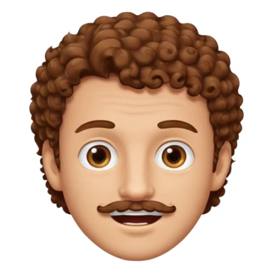 a cute white man with brown curly hair up top brown eyes a brown mustache and a tooth gap  sticker