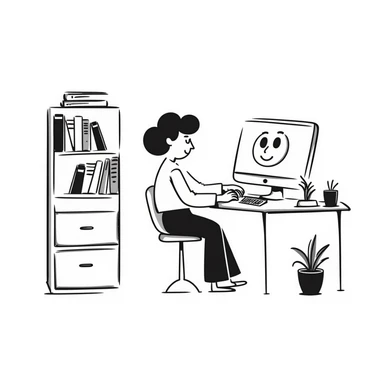 Home office with desk, computer and bookshelf sticker