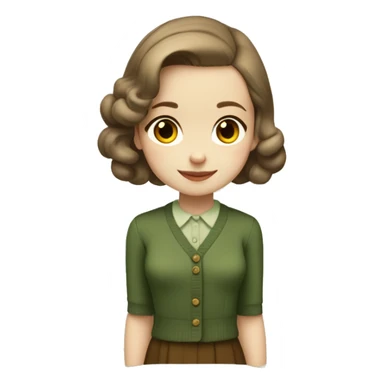 Very young girl with pale skin, straight, warm brown, short hair in a bob style, a brown 1940s dress with an earthy green cardigan sticker