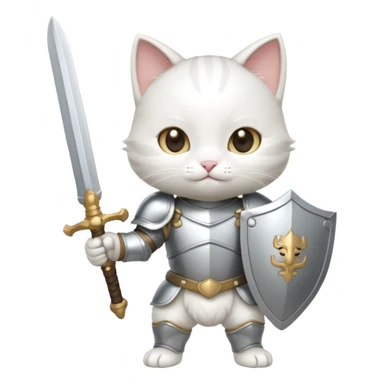 baby chibi white cat in silver armor, full body, smile, hold sword sticker