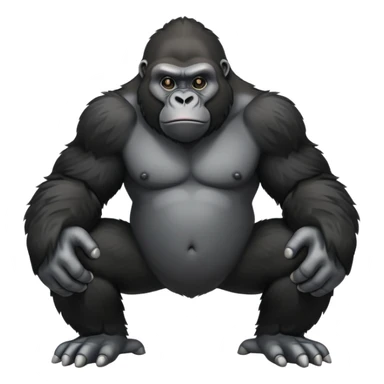 cinematic-friendly relaxed gorilla-realistic-full-body-crouched on all fours on knuckles-emoji,-poised-with-confidence,-massive-arms-hanging-slightly-forward,-head-tilted-thoughtfully,-thick-black-fur,-deep-dark-eyes-full-of-intelligence,-simplified-yet-realistic sticker