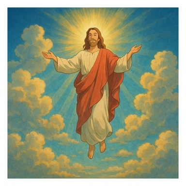 Ascension Day, Jesus ascending into the sky with clouds and rays of light, peaceful and uplifting, ghibli style sticker