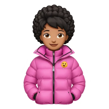 A brown skin  skinned girl that’s has puffy black hair with her hair up in a puffy hairstyle and skinny and wears a pink puffer coat sticker