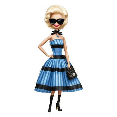 Blonde Silkstone Marie Antoinette Barbie enid sinclair from academy in a blue and black vertically-striped classic dress. riding hot rod bikes with crows sticker