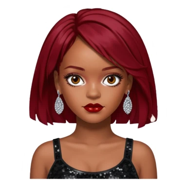 Rihanna with dark red hair, black sequin crop top, hazel eye sticker