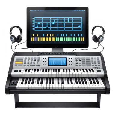 Create a professional and artistic emoji that represents writing music tracks. The design should feature a large monitor displaying musical notes or a score, positioned in front of a professional Korg synthesizer. Add elements like studio headphones, a MIDI keyboard, and an audio interface to symbolize the tools used in music production. Use sleek, modern colors like silver, black, and neon accents to convey the professional environment of music composition. The background should be transparent. sticker