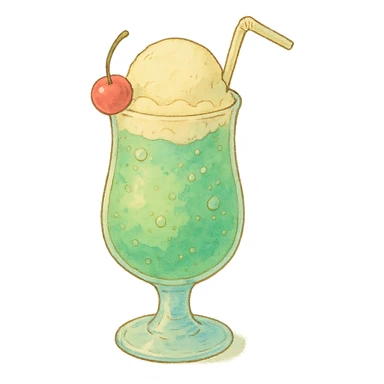 ghibli style cream soda in a tall glass, pastel colors sticker
