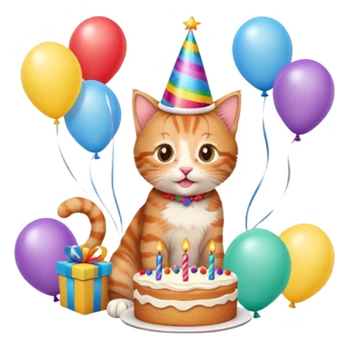 Ginger tabby kitten birthday, birthday hat, birthday cake, balloons, happy, gifts sticker