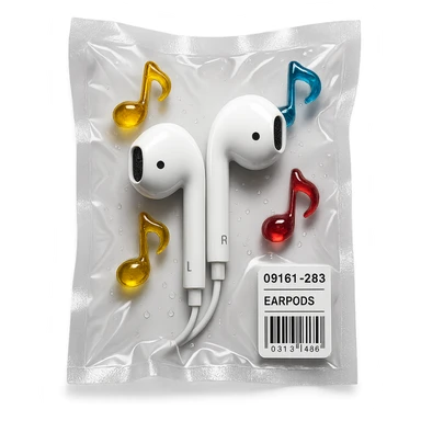 white EarPods headphones surrounded by exactly three small colorful glass music notes, glossy and puffy sticker