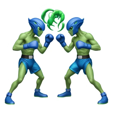 two aliens boxing in a fight stance, facing each other with raised gloves, dynamic action pose, intense expressions, sci-fi arena vibe, 3D cartoon style, mobile game icon style, clean background, no text, no watermark
 sticker