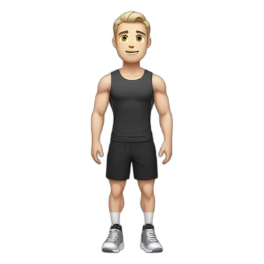 Pale skinned Fit Man With the biceps and dark brown hair in black shirt, gray sports shorts and white Sneakers sticker