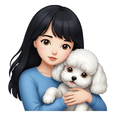 A beautiful girl with long black hair and bangs hugs a Bichon Frise tightly sticker