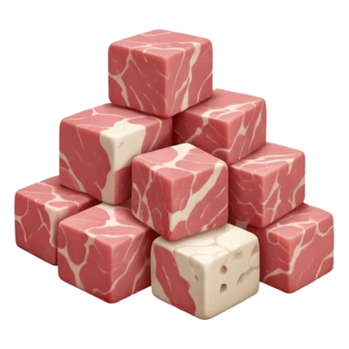 small pile of raw veal cubes, pale pink to light beige, smooth and moist, muscle grain and white marbling visible, arranged naturally, soft lighting, subtle shadows, no plate, no pot, no faces, transparent background, emoji scale sticker