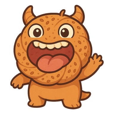 playful Turkish simit monster with a simit as its mouth, cartoonish eyes, fun whimsical expression sticker