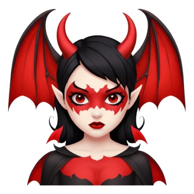Demon girl: red skin, black hair, small horns, bat wing; tattoo-flash comic style; red/black palette; bold outlines; dark background; no text. sticker