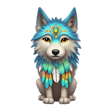 Fluffy Shy Colorful Spiritual Wolf With Shiny Tribal Markings wearing feathers Full Body sticker