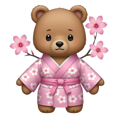 A cute light-brown bear wearing a pastel pink sakura-patterned kimono, normal balanced body ratio.  
Arms crossed with a slight pout, daring “wanna get scolded?” expression.  
Kawaii emoji style, minimalistic clean sticker illustration, white background.
 sticker