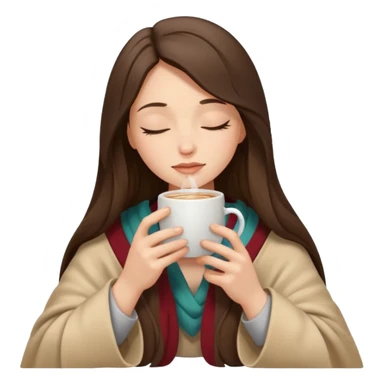 Brunette girl long hair inside a beige blanket sipping coffee eyes closed sticker