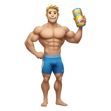 Pumped up white shirtless athlete holding a can of protein sticker