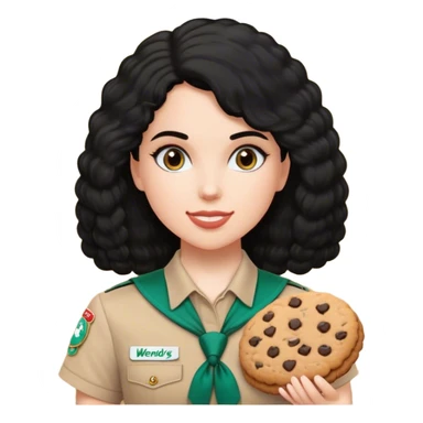 white girl scout selling cookie at Wendy’s big black hair and Wendy’s logo sticker
