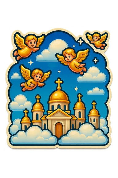 Remake the angels to be more detailed, complete, and clearly recognizable as angels, while keeping the golden cities and clouds in the sky, in a retro stickers emoji style. sticker